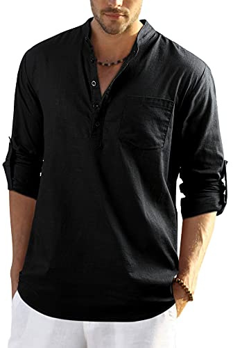 Enlision Mens Black Cotton Linen Shirts Long SLeeve Shirt Button Down Henley Shirts Lightweight Casual Plain Tops for Men L