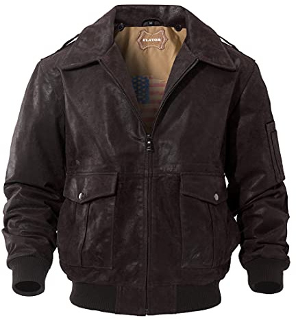 FLAVOR Men's Leather Flight Bomber Jacket Air Force Aviator (Large, Dark Brown)