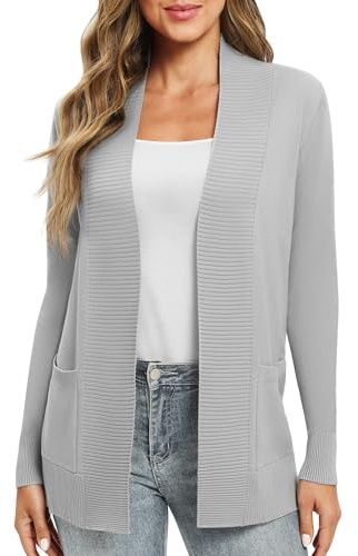 EXCHIC Donna Casuale Manica Lunga Lavorare a Maglia Cardigan Leggero Comodo Fronte aperto Maglioni Lunghi con Tasche(XL, Grigio chiaro)