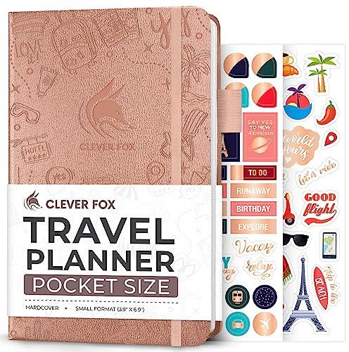 Clever Fox resedagbok – semesterplanerare med budgetplan, förpackningslista, utgiftsmätare och resedagbok – resesplanerare för kvinnor, män och par – fickstorlek, roséguld