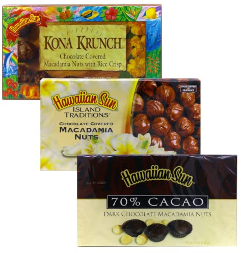 Hawaiian Sun Island Chocolates Gift Pack Chocolate Macadamia Nuts 5 oz Kona Crunch 6 oz and 70% cacao dark chocolate macadamia 5 oz (3 Pack Variety Sampler, 5 oz)
