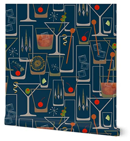 Peel & Stick Wallpaper Swatch - Retro 1950S Blue Hawaii Mid Century Atomic Cocktail Martini Custom Removable Wallpaper by Spoonflower