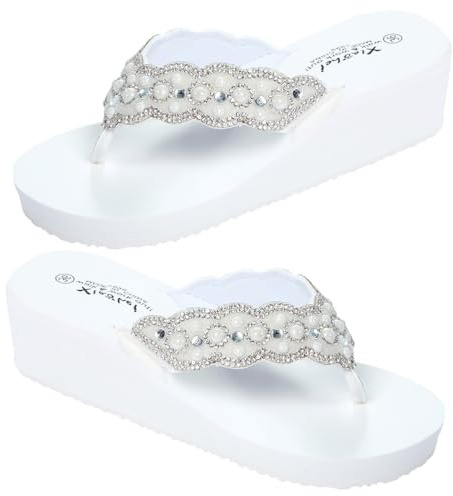 Levemolo 1 Pair Women Non Beach Sandals with Pearl and Diamond Decoration White Slipsole Shoes