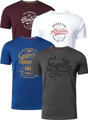 FULL TIME SPORTS Pack de 4 Camisetas Estampadas Hombre, Manga Corta, 100% Algodón, PRINT-001