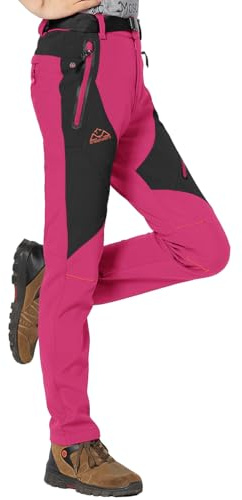 Rdruko Womens Fleece Lined Ski Trousers Windpfoof Winter Waterproof Warm Outdoor Work Hiking Walking Camping Pants with Zip Pockets Light Rose Red M