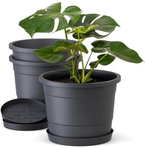 Plastard Blumentopf Terra 3er-Set Ø 46 cm Anthrazit mit Untersetzer, wetterfester Pflanzkübel, Pflanztopf, Blumenkübel, Übertopf für Innen & Außen aus Kunststoff mit Überlauf