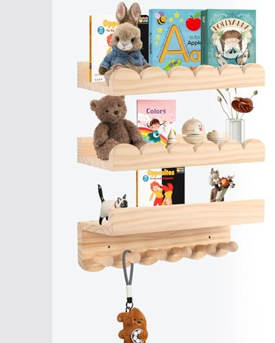 Rainmae Lot de 3 étagères murales Montessori pour chambre d'enfant, 40 cm, avec crochets en bois, idéales pour livres et jouets, 100 % bois