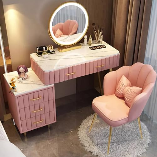 Sminkbord med spegel, sminkbord med 5 lådor, LED-lampor med justerbar ljusstyrka, sammetsskrivbord Moderna toalettbord i sovrum med pallset, 80 cm, rosa