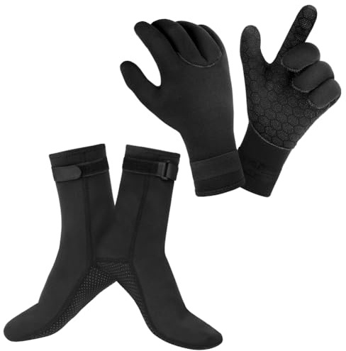 AOOSA 3mm Gants de Plongée en néoprène, Chaussettes de Natation Thermiques et Antidérapantes + Gants de Natation, avec Poignet Ajustable, pour Surf Kayak Snorkeling Voile, XL