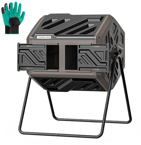 THE GROW'ING 43-Gallon Outdoor Compost Tumbler: Superior Dual Chamber Design with 2 Sliding Doors and Optimized Aeration System for Effortless Composting in Kitchen, Garden and Yard,Brown