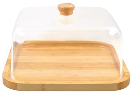 ASIAD Square Cake Plate with Lid, 30x30x16cm Shatterproof Cake Stand Cake Plate with Acrylic Hood Wooden Handle, Multifunctional Cake Bell Cake Stand,Clear