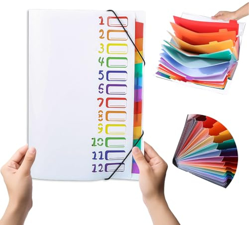 Cartella portadocumenti A4 con 12 scomparti e 24 tasche, impermeabile con registri colorati per scuola e ufficio, cartella documenti (bianco)