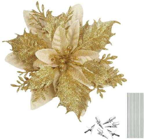 Lot de 20 Fleurs de Noël Artificielles Dorées avec Clip, Poinsettias Brillants à Paillettes pour Décoration de Sapin, Guirlande, Couronne ou Table, Ornements Festifs pour Maison et Fêtes (Doré)