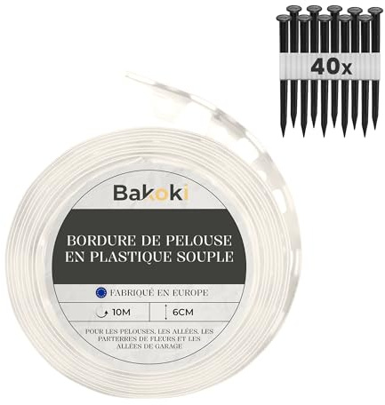 BAKOKI Bordo flessibile per prato (10 m | 40 ancoraggi | 6 cm di altezza), in plastica bianca resistente alle intemperie, bordo rotondo – aiuole – bordo per aiuole – bordo per tagliaerba