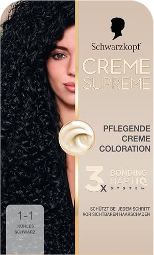 Schwarzkopf Creme Supreme, Pflegende Creme Coloration 1-1 Kühles Schwarz, intensive Haarfarbe mit 3x Bonding HaptIQ System, Colorationscreme mit 100% Grauabdeckung