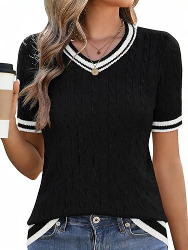 Akiooue V Neck Jumpers for Women UK,Womens Summer Short Sleeve Black Tops Ladies Going Out Elegant Lightweight Basic Tops Women's Clothing