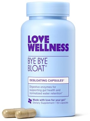 Love Wellness Bye Bye Bloat | Digestive Enzymes for Fast Acting Bloating Relief for Women | Helps Reduce Water Retention & Gas Relief | Supports Digestive Health with Fenugreek & Dandelion | 60 Count