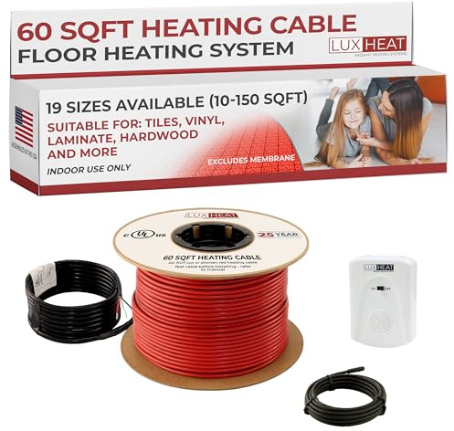 LuxHeat 60sqft Floor Heating Cable Kit - 120v Underfloor Heating System for Tile, Vinyl, Laminate - Easy to Install Heated Flooring System Includes Heated Floor Cable, Alarm & Flooring Sensor
