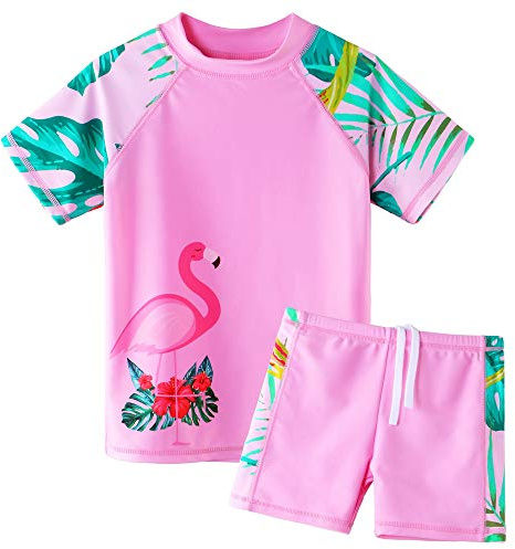 ZNYUNE Girls 2PCS Swimsuit Short Sleeve Kids BeachSwimming Set Costume for 3-12Years S324 Flamingo 4A