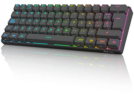 RK ROYAL KLUDGE RK61 Teclado Inalambrico, Español Teclado Mecánico Gaming 60% RGB Bluetooth/USB-C/2.4Ghz Interruptor Marrón Hot Swap Compatible con MacBook/iPad/iOS/Mac OX/Windows PC Tableta, Negro