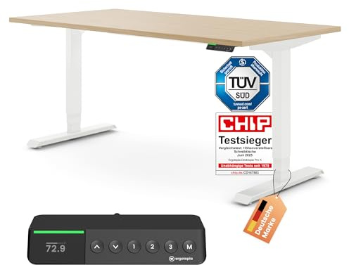 Ergotopia Desktopia Pro X Elektrisch höhenverstellbarer Schreibtisch, Ergonomischer Stehtisch für Büro oder Home Office (Ahorn, Gestell Weiß, 160 x 80 cm)