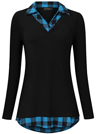 KOJOOIN Blusa para mujer con cuello de camisa, manga larga, color bloque, cuello en V, camisa (embalaje múltiple), Negro Cuadros 1, S