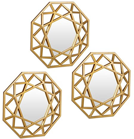 Relaxdays Spiegel im 3er Set, Diamant Deko-Wandspiegel, Wohnzimmer, Flur, H x B: 25 x 25 cm, Kunststoff-Rahmen, Gold