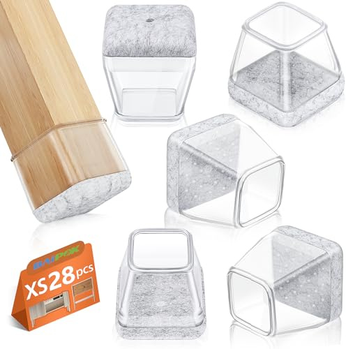 28 Pezzi Feltrini per Sedie Quadrati, BAIPOK Tappi per sedie in Trasparente Piccolo, Gommini in Silicone con Feltro, Proteggi Gambe per Mobili(Fit:17-22mm)