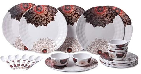 Vajilla redonda de melamina con estampado para cocina, juego de vajilla de melamina de tamaño completo, juego de vajilla de melamina - 24 piezas, color blanco