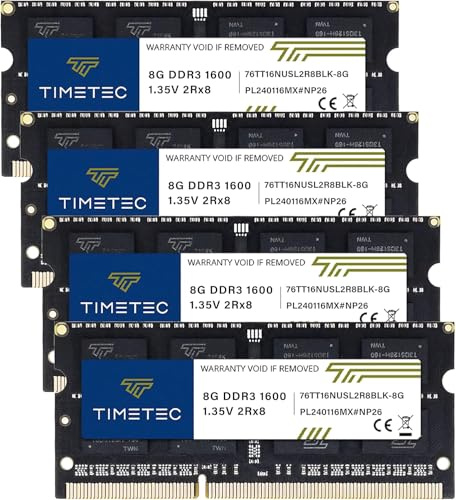 Timetec 32GB KIT(4x8GB) DDR3L 1600MHz PC3-12800 Non-ECC Unbuffered 1.35V/1.5V CL11 2Rx8 204 Pin SODIMM Laptop Notebook PC Computer Memory RAM Module Upgrade