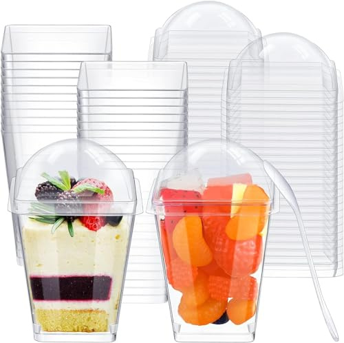 KAHEIGN 50 Pezzi Bicchieri da Dessert in Plastica con Coperchi e Cucchiai, 150ml Riutilizzabile Tazze da Dessert Quadrate Coppa Trasparente per Antipasti Parfait per Dessert Budino Mousse Festa