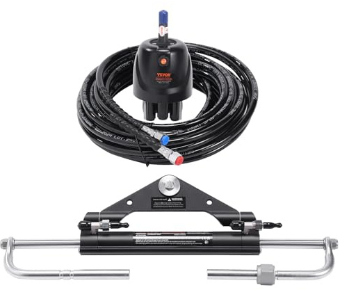 VEVOR Kit timoneria idraulica fuoribordo Sistema di timoneria idraulico marino da 300 HP, Pompa della barra, Cilindro di bloccaggio bidirezionale Tubo da 26 piedi, attrezzi per barche motore singolo