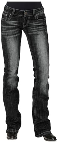 Beokeuioe - Jean taille basse - Coupe droite - Évasé - Pour femme - Extensible - Élégant - Coupe bootcut - Noir, M