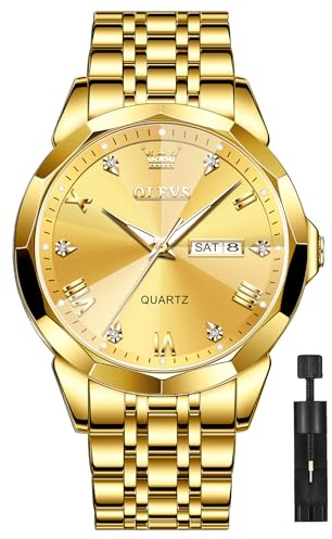 OLEVS Uhren Herren Gold Edelstahl Luxus Moderne Herrenuhr Wasserdicht mit Datum Großes Zifferblatt Uhr Fasching Herren Leuchtend Römische Ziffern Armbanduhr Geschenke für Männer Leicht zu Lesen
