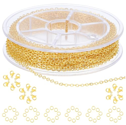COMNICO 16.4ft Stainless Steel Chain 2.4mm Jewelry Cable Link Chain Roll DIY Craft Supplies Findings with 20pcs Lobster Clasps 50pcs Jump Rings for Making Necklace Earring Bracelet (Gold)