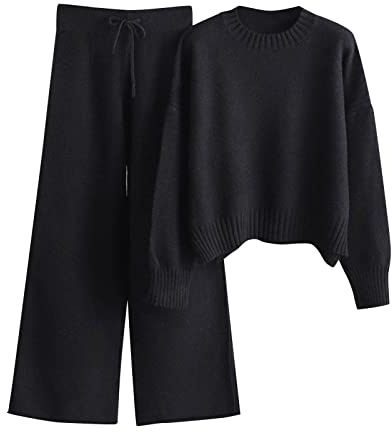 Conjunto de Punto para Mujer de Dos Piezas - Chándal Tallas Grandes, Sin Capucha, Invierno, Elegante, Largo, Jersey y Pantalones de Pierna Ancha con Cintura Elástica