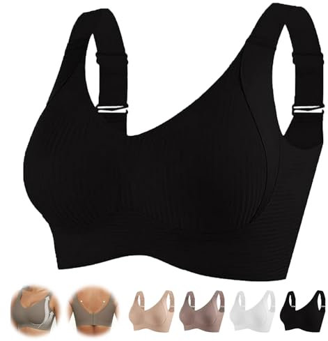 Floralshe Brasier, reggiseno da donna, tinta unita, quattro file, regolabile, senza fili, morbido, senza cuciture, copertura completa, Nero , XL