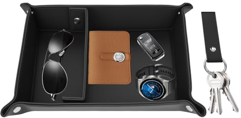 Vide-poche en cuir véritable - 23,9 x 19,8 x 4,8 cm - Organiseur avec porte-clés - Plateau de rangement en cuir pour clés, portefeuille, bijoux, montres, pièces de monnaie, télécommandes, téléphones