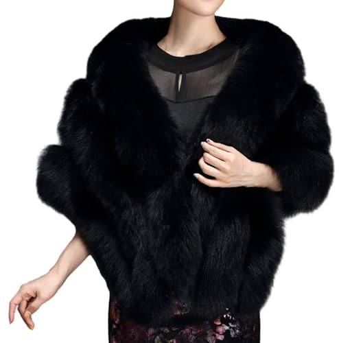 Étole en fausse fourrure pour femme - Boléro en tricot - Cape pour mariage - Robe de soirée - Écharpe de mariée, Noir, Siehe Beschreibung