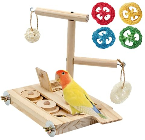 BingegePet Interactive Wooden Bird Foraging Toy – Cage-Mounted Puzzle Feeder with Sliding Locks, Loofah & Vine Ball for Budgies, Cockatiels, Conures & Small Parrots