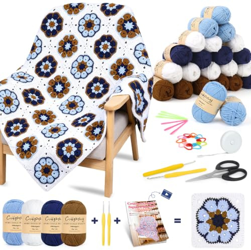 Coopay Set de ganchillo Granny Square para principiantes y profesionales, juego completo de ganchillo para tejer mantas, juego de ganchillo con hilo para tejer, instrucciones, video tutorial, juego de