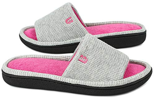 LongBay Women’s Waffle Slippers Open Toe Slip On Memory Foam Flat Summer House Slipper（5-6,Grey）