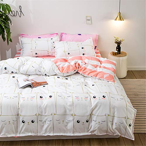Odot Bettwäsche Bettbezug Set 3 TLG, Bettwäsche-Set 3 Teilig Mikrofaser Wende Weiche Atmungsaktive mit Bettbezug Kissenbezüge Babybett Kinder Mädchen Junge (135x200cm,weiße Katze)