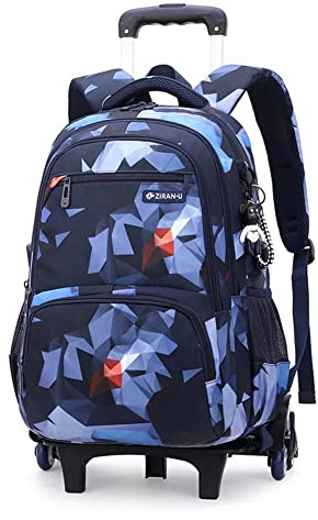 ANSIEDIO Laptop Backpack with Wheels, Waterproof Backpack Rolling Rucksack Trolley School Bag for Boys Grils, Wheeled Travel Bag Schoolbag Backpacks for School/Outdoor/Travel (Blue Geometric)
