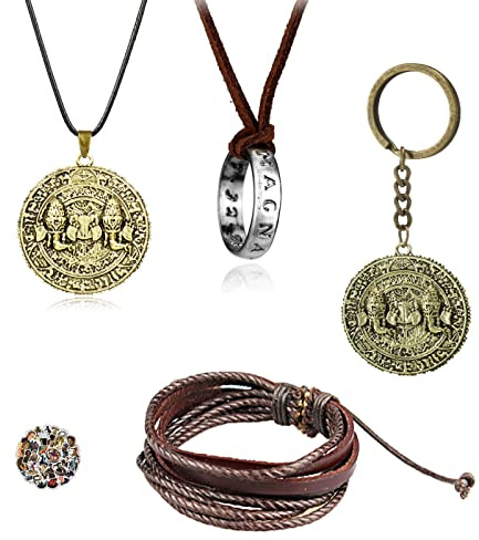 HJYZY 29 piezas Uncharted 4 Drake joyas anillo colgante collar grabado calavera oro moneda colgante collar llavero pegatinas conjunto pulsera hombre cuero marrón, Zinc