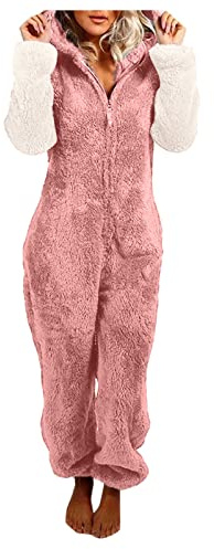 Combinaison longue pour femme, élégante, moelleuse, en polaire douce, pour la maison, pour l'hiver, chaud, pyjama avec capuche, pyjama douillet en peluche, Rose, L