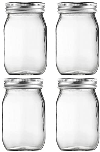 BEWAVE Glass Mason Jars, 16oz Clear Glass Jars with Lids for Sealing, Regular Mouth Canning Jars for Food Storage, Snacks, Candies, DIY Projects, 4 Pack