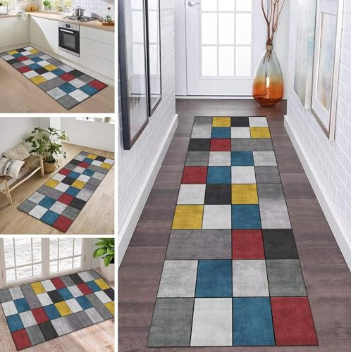 Teppich Läufer Lang Flur Küche rutschfest Waschbar Küchenläufer 80X300CM Grau Blau Gelb Teppichmatten Polyester Korridor Teppichläufer Flur Wohnzimmer Schlafzimmer Schmutzfangmatte Küchenteppich