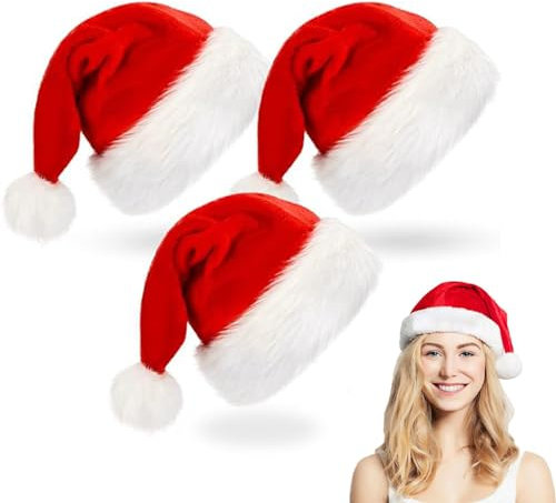 SFSSHUI 3 Stück Weihnachtsmütze Nikolausmütze Erwachsene Plüsch Rand Weihnachtsfeier Rote Santa Mütze Weihnachtsmützen Erwachsene Weihnachtsmann Mütze Für Weihnachtsfeier Weihnachtszubehör