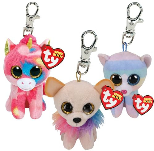 TY Chewey, Fantasia & Heather Beanie Clips Multipack - Squishy Beanie Baby Weiche Plüschspielzeuge - Sammelbare Kuschelige Gefüllte Teddybären
